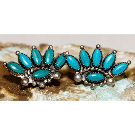 Old Pawn Zuni Turquoise Cluster Sterling Silver Screw Back Earrings
