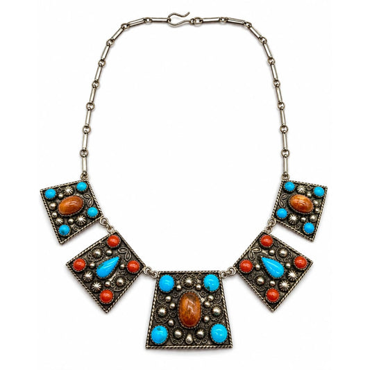 Vintage Mid-Century Mexican Silver Southwestern Revival Statement Necklace