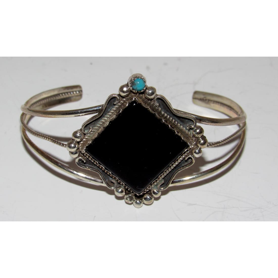 Navajo Cuff Bracelet Onyx Turquoise Sterling Silver Native American S. Yazzie