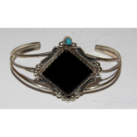 Navajo Cuff Bracelet Onyx Turquoise Sterling Silver Native American S. Yazzie