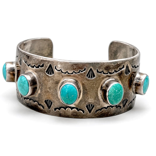 Vintage Navajo Turquoise Statement Cuff Bracelet Chimney Butte Sterling Silver 7"