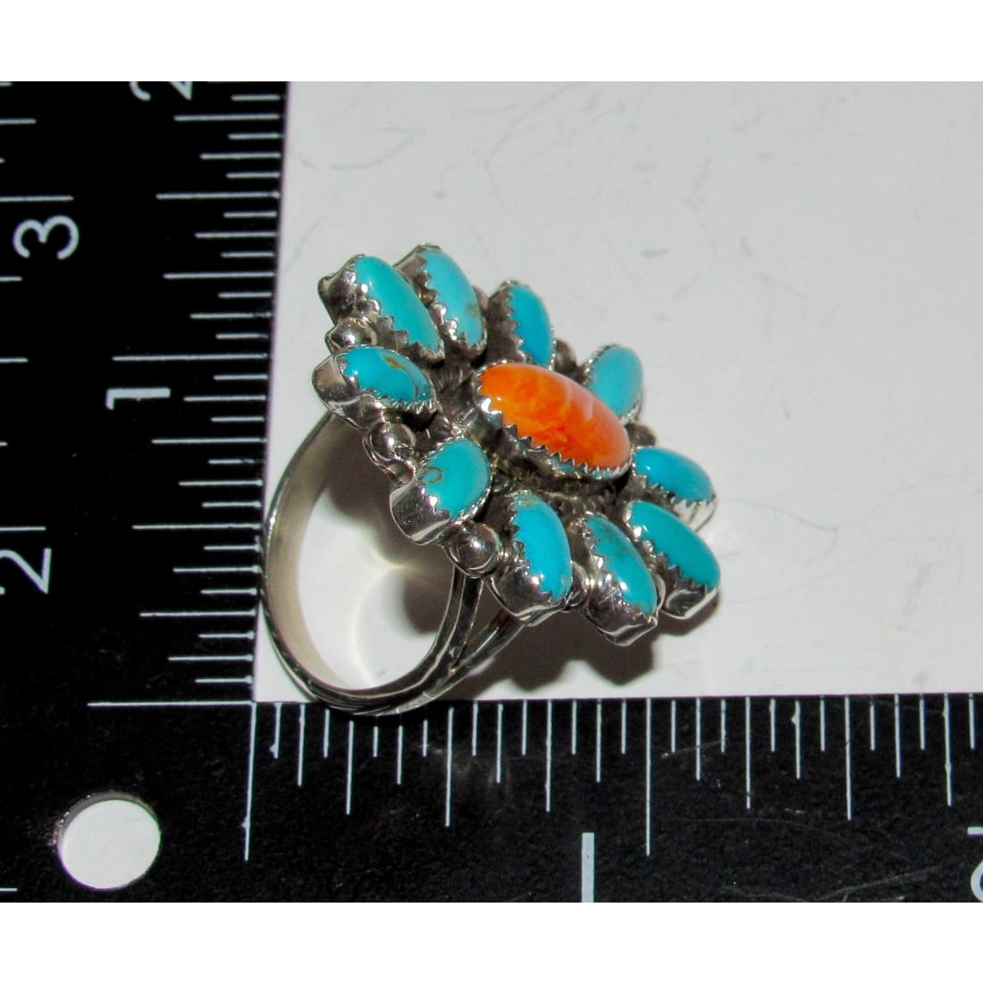 Navajo Turquoise Orange Spiny Cluster Ring Size 10 Sterling Silver