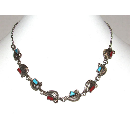 Vintage Navajo Sterling Silver Turquoise Coral Blossom Necklace
