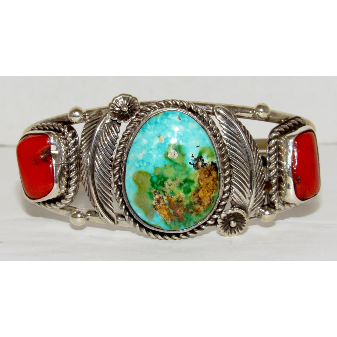 Navajo Royston Turquoise Coral Cuff Bracelet Sterling Silver J Begay