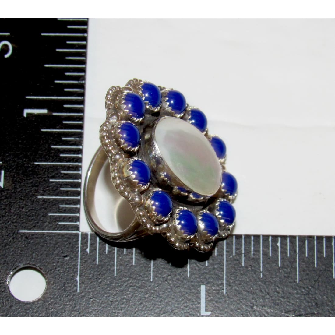 Navajo Mother of Pearl Ring Lapis Lazuli Cluster Ring Size 8.5 Sterling Silver