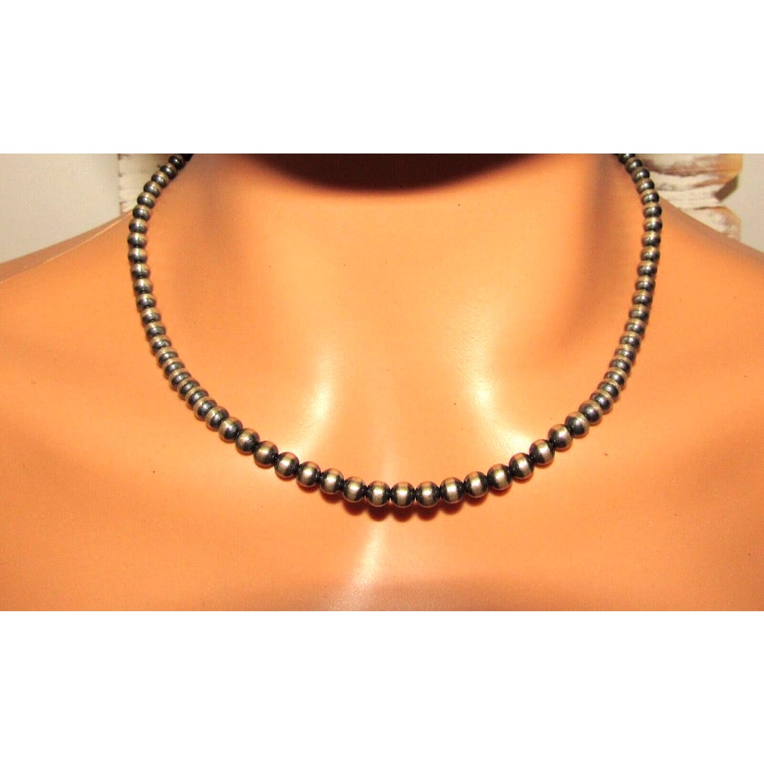 Navajo Pearls Necklace 4mm Sterling Silver Beads Necklace 20"L