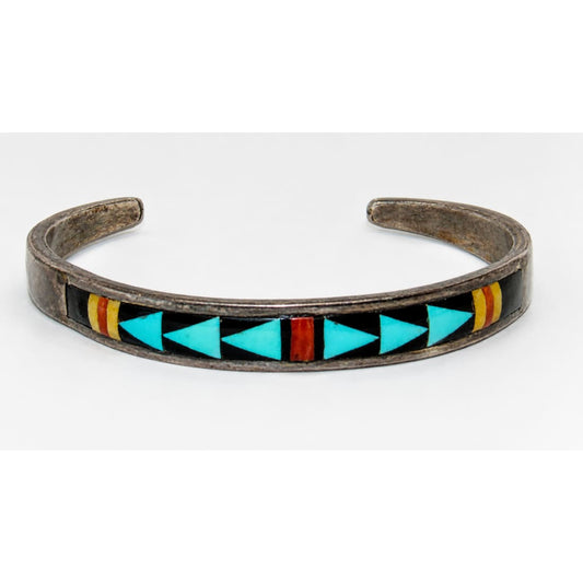 Vintage Zuni Turquoise Multi Stone Inlay Stacker Cuff Bracelet Sterling Singed