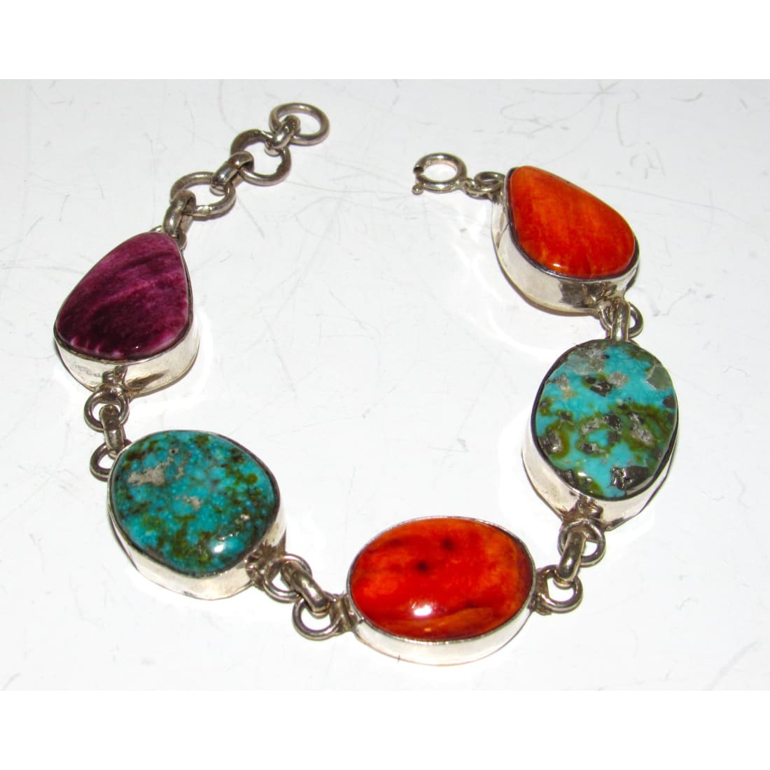 Navajo Turquoise Orange Purple Spiny Adjustable Link Bracelet Sterling J. Yazzie