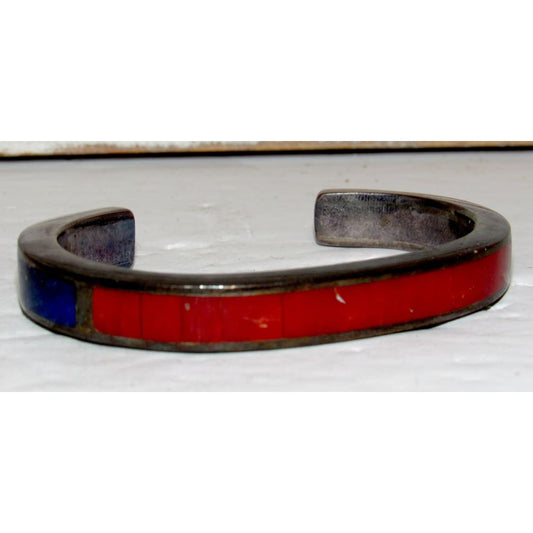 Vintage Navajo Sterling Silver Carinated Bracelet Coral Lapis Inlay Johny Coonsis 7"