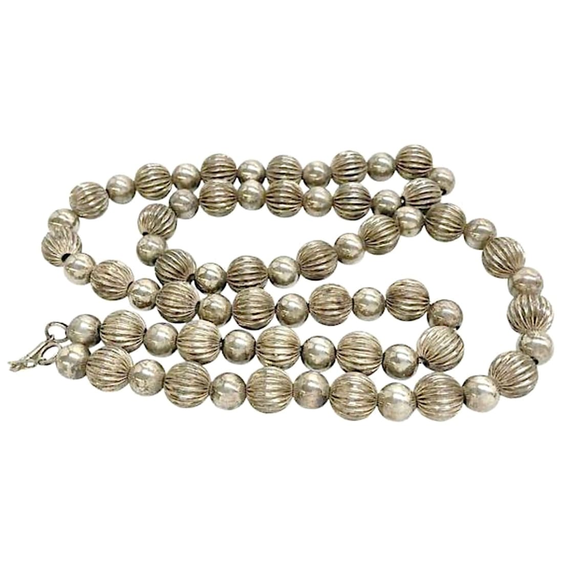 Vintage Navajo Pearls Necklace Sterling Silver Stamped Fluted Beads 26"L