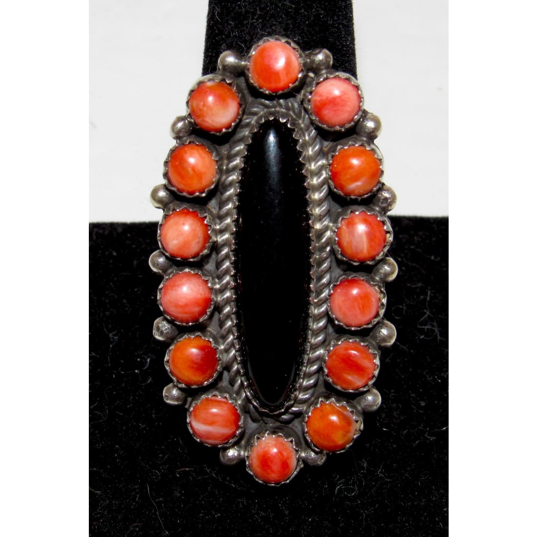 Navajo Onyx Red Orange Spiny Cluster Ring Sz 10 Sterling Silver P. Yazzie