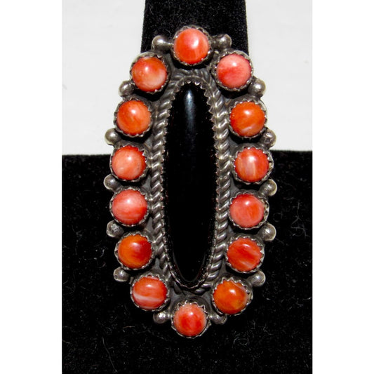 Navajo Onyx Red Orange Spiny Cluster Ring Sz 10 Sterling Silver P. Yazzie