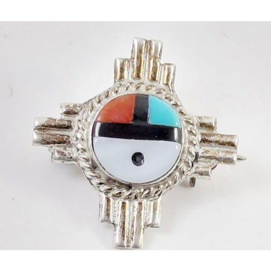Vintage Zuni Inlay Sun Face Pin Brooch Pin Sterling Silver