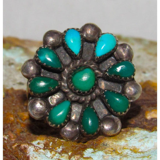 Old Pawn Zuni Turquoise Cluster Ring Sz 5 Sterling Native Vintage