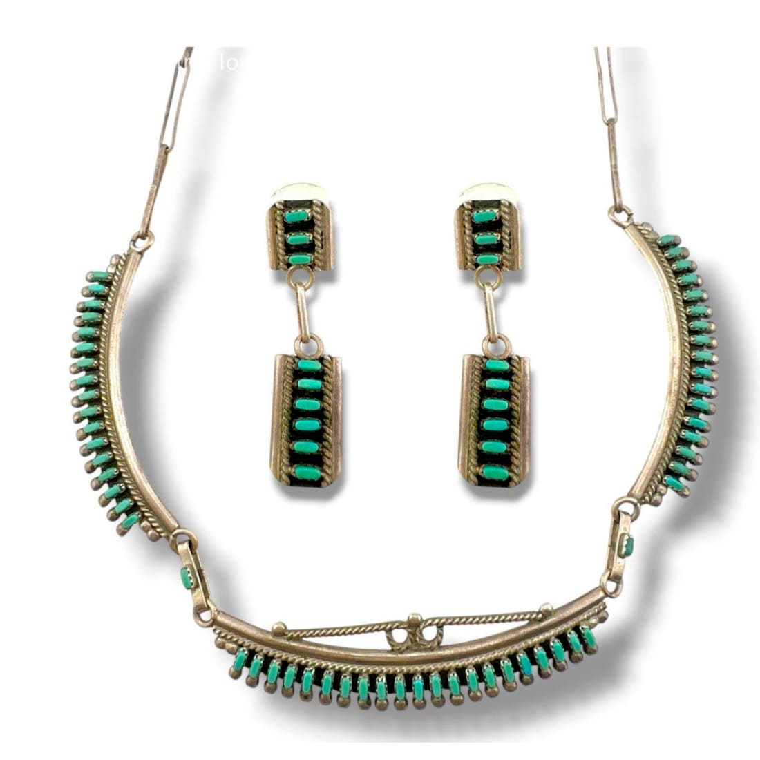 Vintage Zuni Turquoise Petit Point Collar Necklace Matching Dangle Earrings Set
