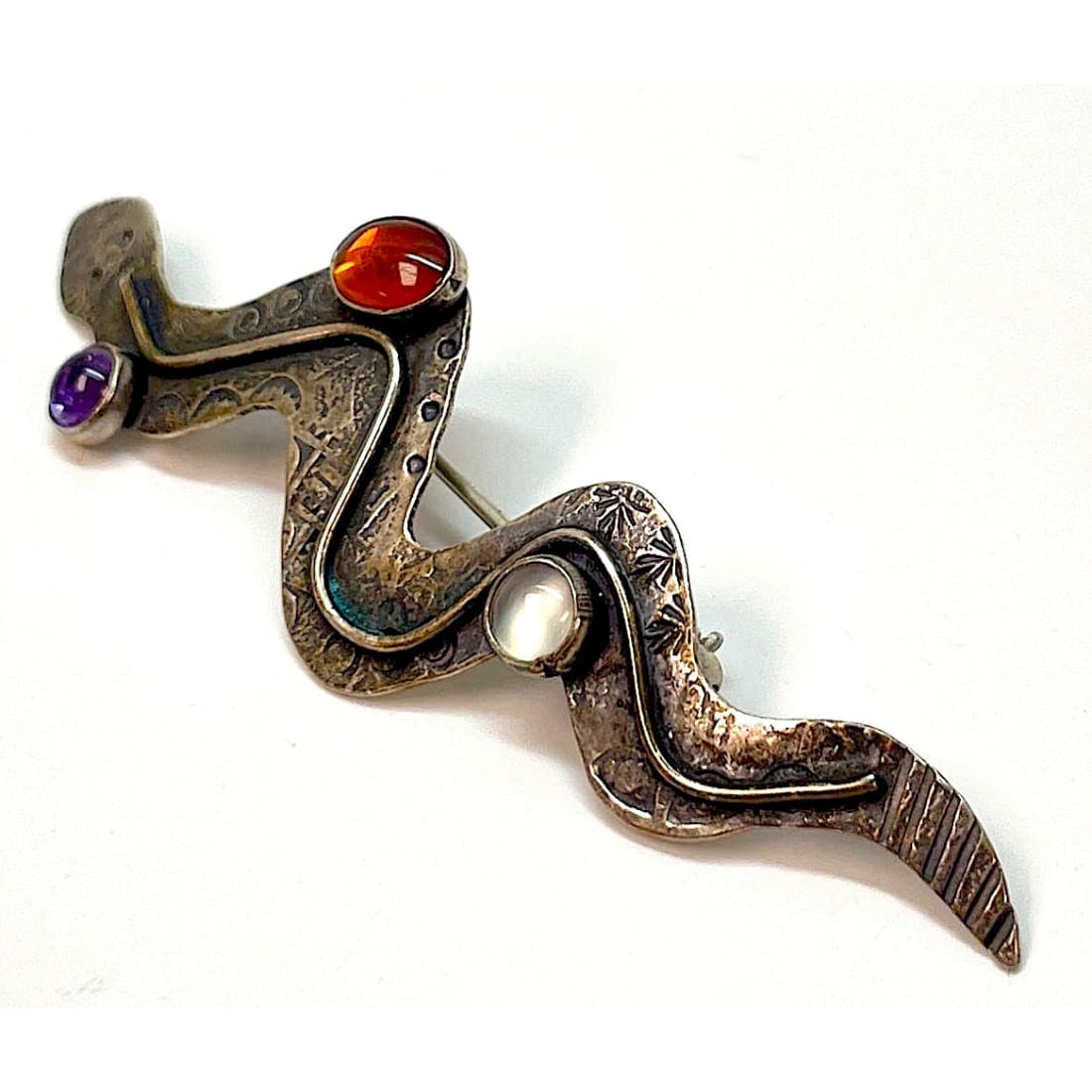 Vintage Southwestern Sterling Silver Multi-Stone Snake Brooch