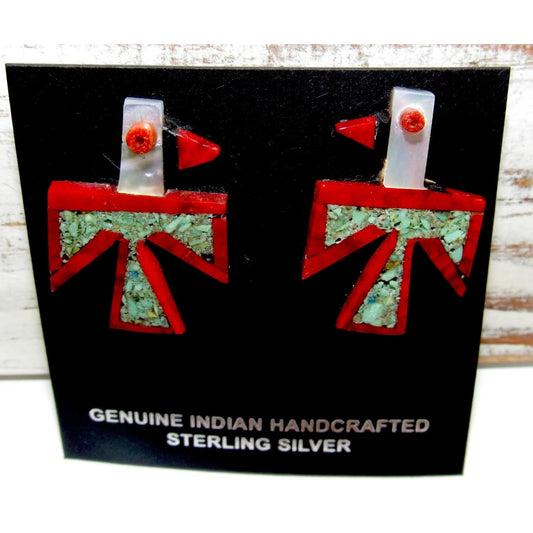 Kewa Santo Domingo Thunderbird Earrings Turquoise Coral D. Crespin