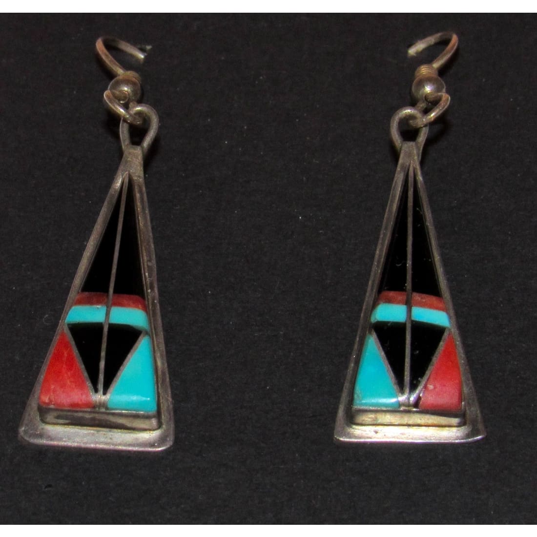 Navajo Turquoise Jet Inlay Earrings Sterling Silver Teme Sunburst Handcarfts