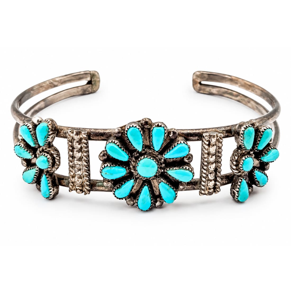Old Pawn Zuni Turquoise Cluster Cuff Bracelet Turquoise Sterling Silver