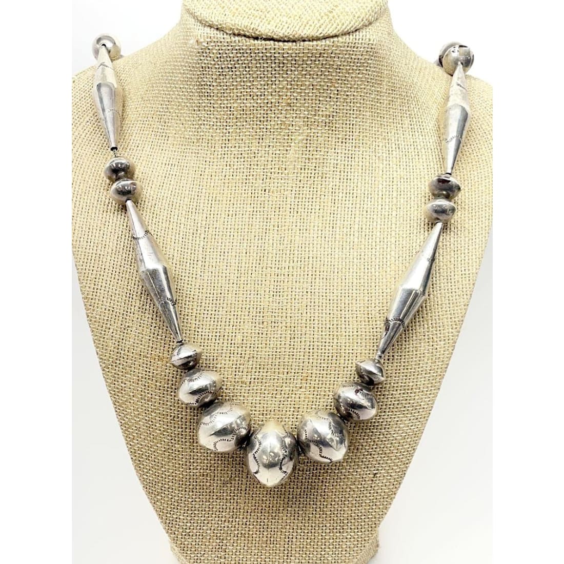 Old Pawn Navajo Pearls Necklace Hand Made Stamped Saucer Beads Sterling Silver 23"