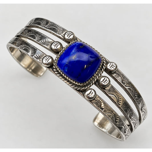 Vintage Native American Lapis Cuff Bracelet Sterling Silver Sonny Spruce Taos Pueblo