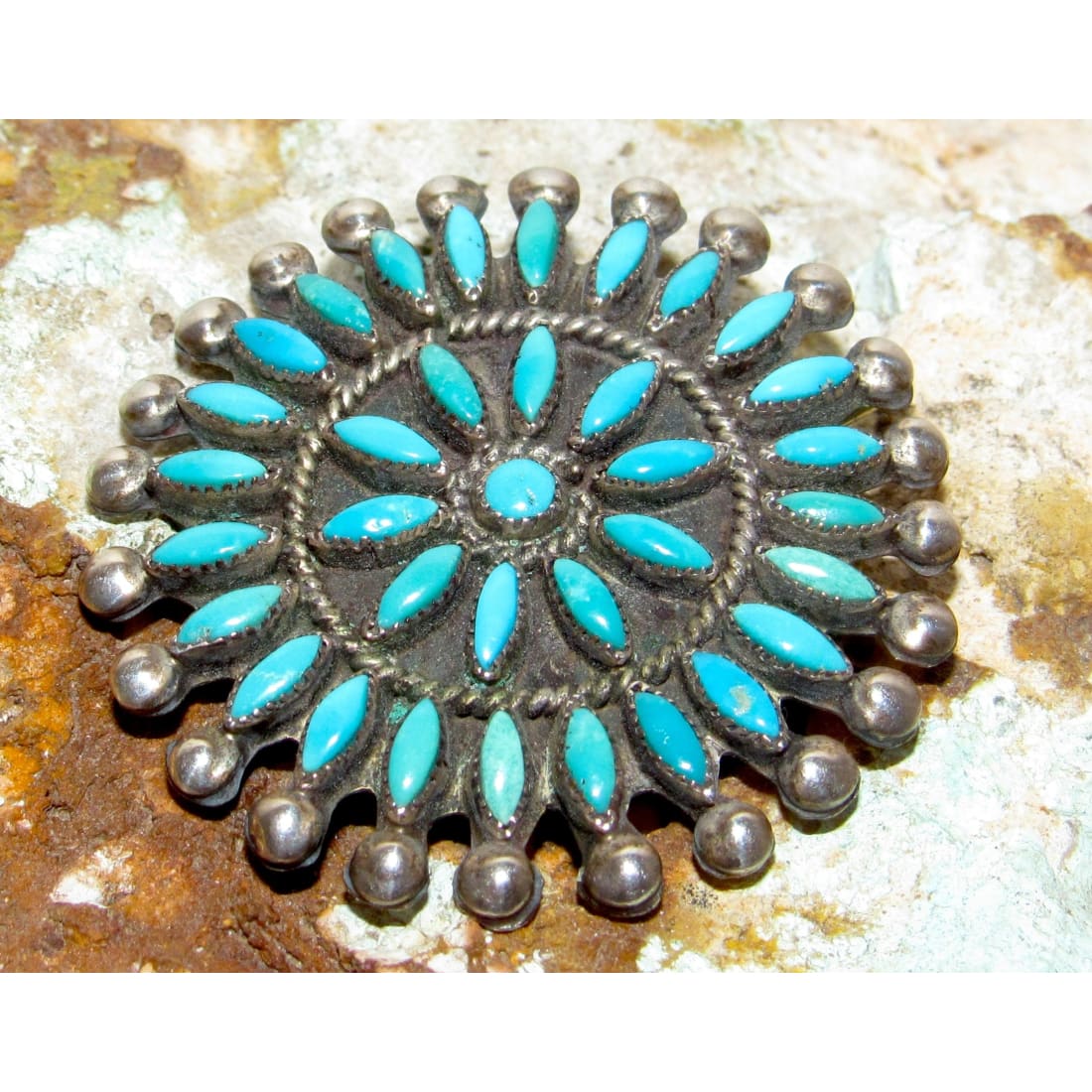 Old Pawn Zuni Petit Point Turquoise Cluster Brooch Pin Sterling Hustito Family