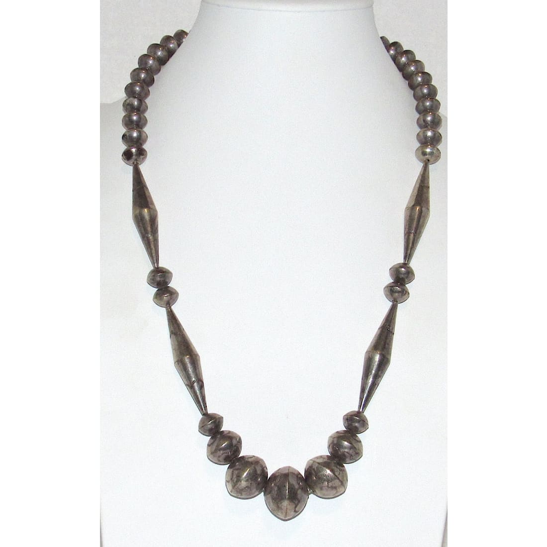 Old Pawn Handmade Navajo Pearls Necklace Stamped Saucer & Cones Beads Sterling