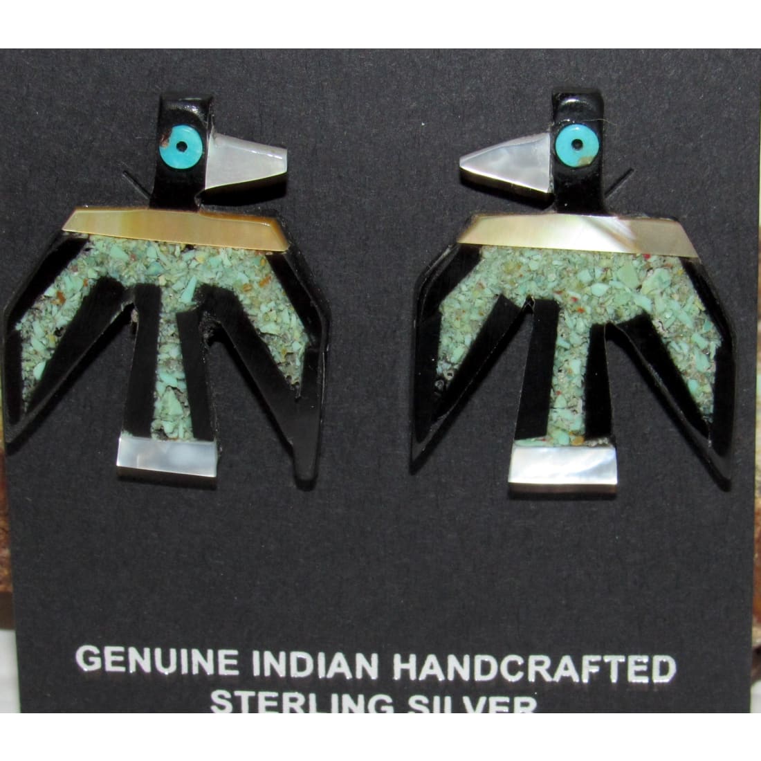 Kewa Santo Domingo Thunderbird Earrings Turquoise Jet D. Crespin