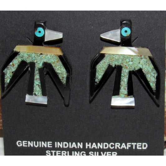 Kewa Santo Domingo Thunderbird Earrings Turquoise Jet D. Crespin