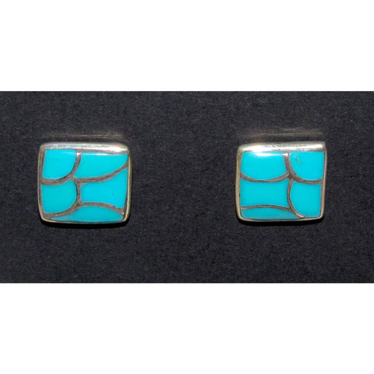 Zuni Turquoise Fish Scale Inlay Post Earrings Sterling Sleeping Beauty Turquoise