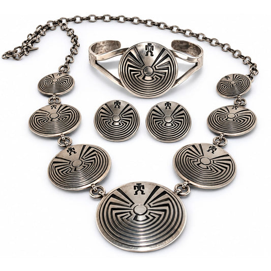 Vintage Navajo Sterling Silver Man in the Maze Jewelry Set Necklace Cuff Earrings