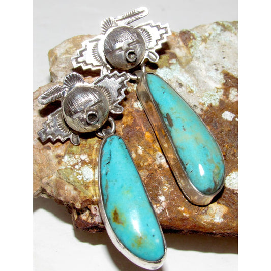 Navajo Kachina Dangle Earrings Numer 8 Turquoise Sterling Silver Bennie Ration