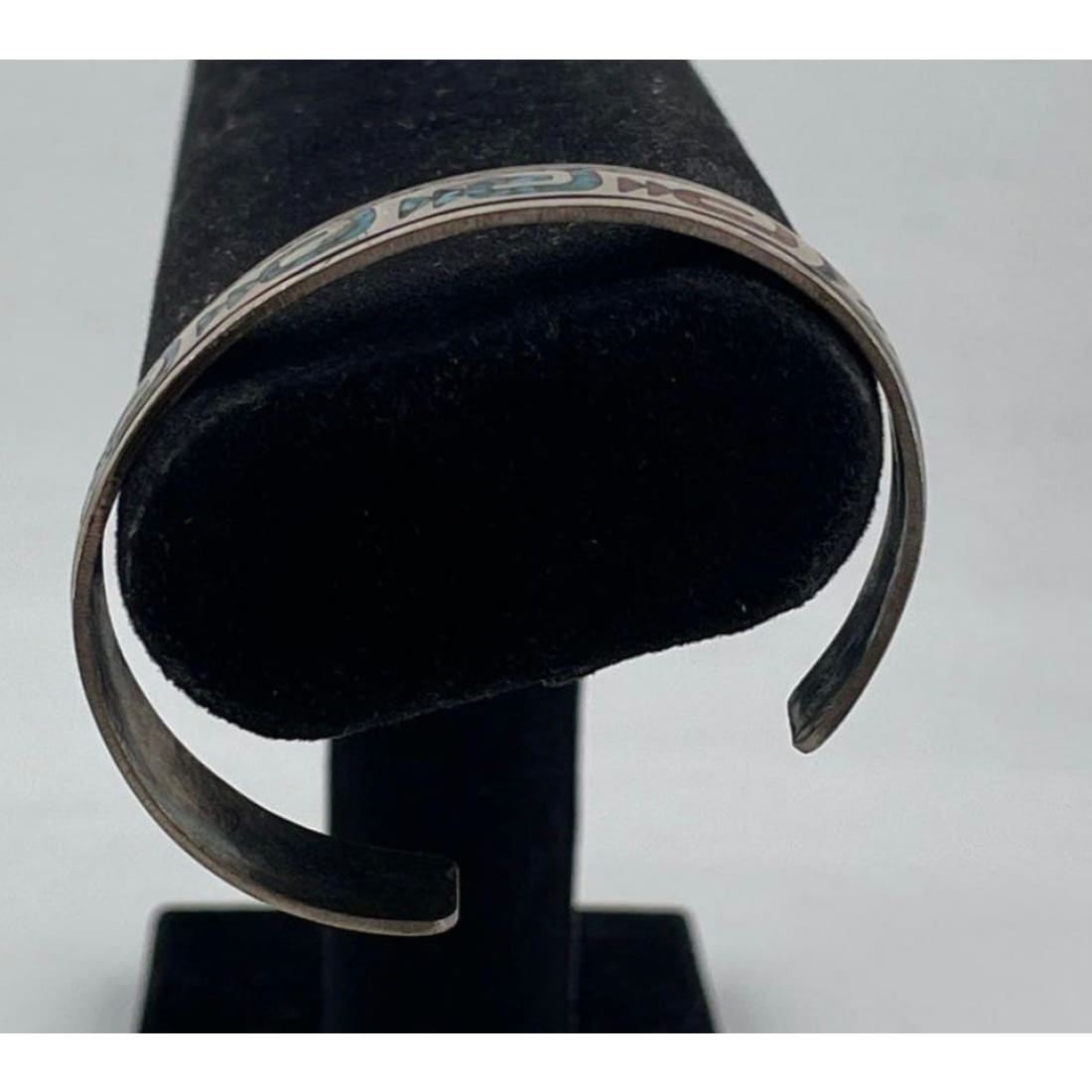 Vintage Navajo Sterling Silver Turquoise Chip Inlay Cuff Bracelet Signed