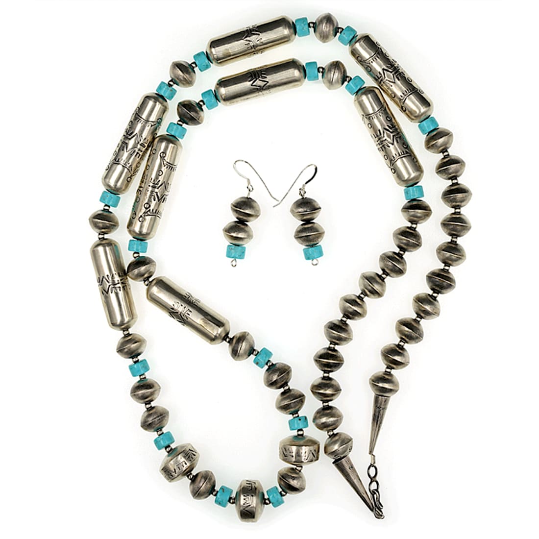 Massive Navajo Pearls Necklace & Earrings Set Sterling Silver Barrel & Saucer Beads