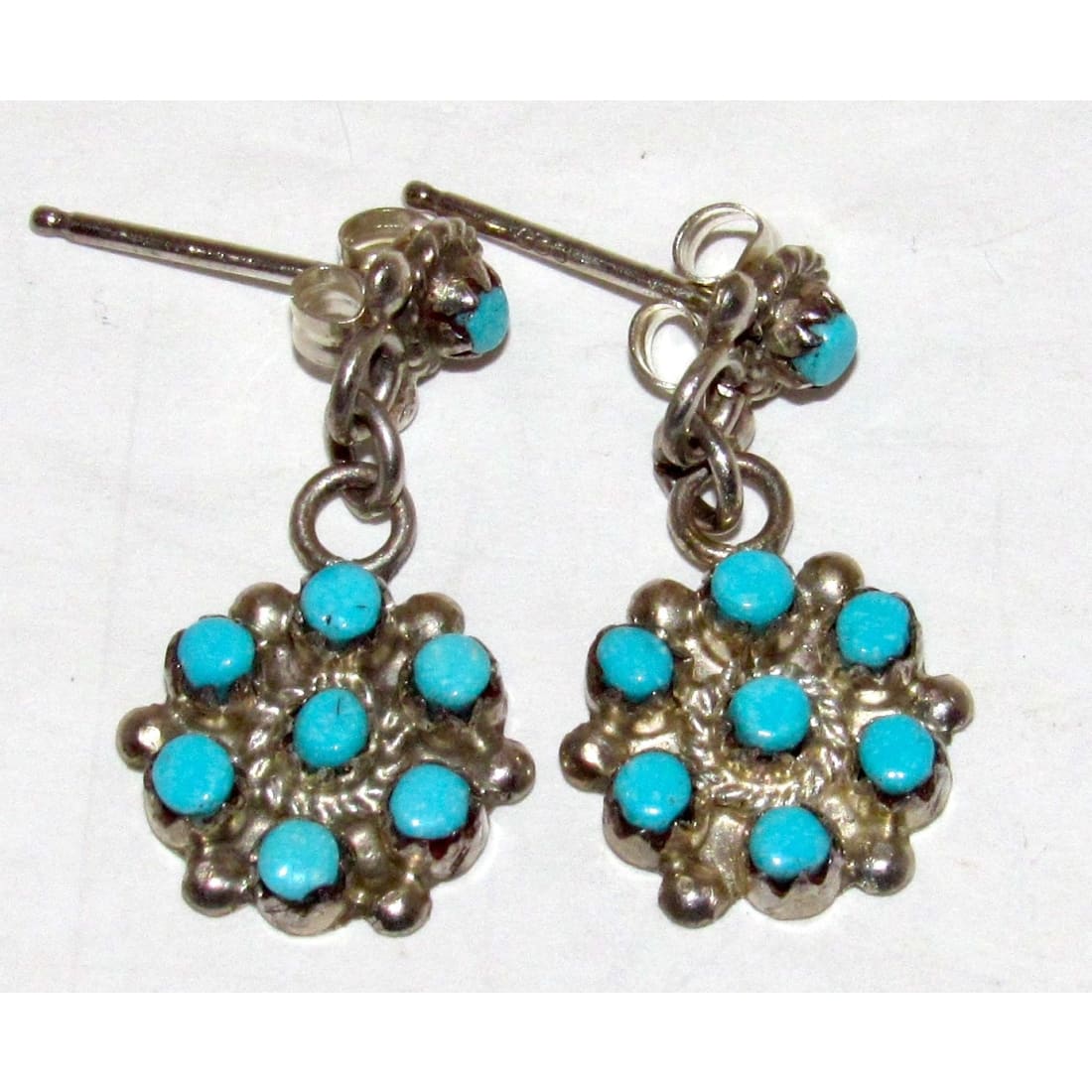 Zuni Snake Eye Turquoise Dangle Earrings Sterling Silver Native American Signed