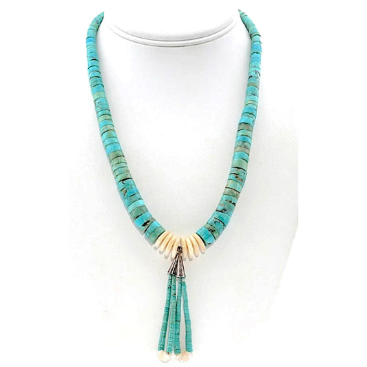 Vintage Kewa Santo Domingo Rolled Turquoise and Clam Shell Heishi Necklace Jaclas