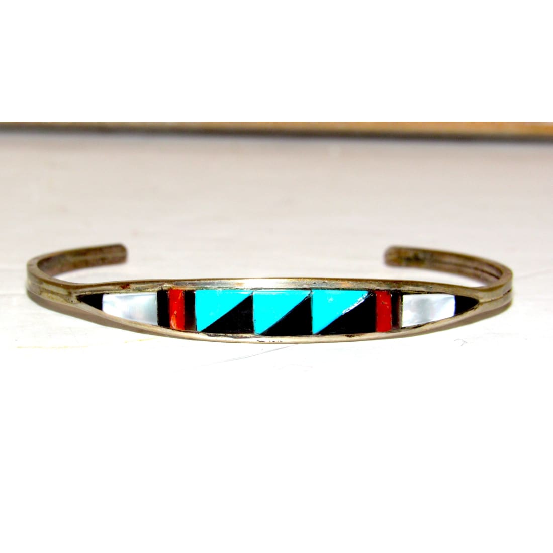 Zuni Inlay Turquoise Coral Bracelet Sterling Silver C. Weebothee Stacker
