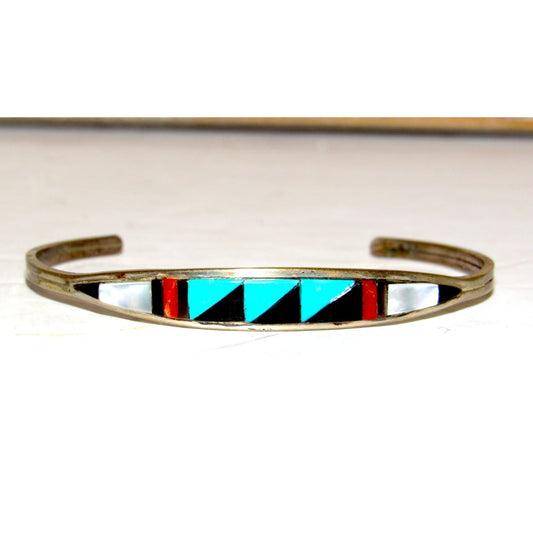 Zuni Inlay Turquoise Coral Bracelet Sterling Silver C. Weebothee Stacker