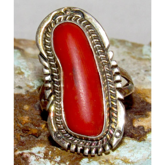 Old Pawn Navajo Mediterranean Coral Ring Size 6 Sterling Silver Native American
