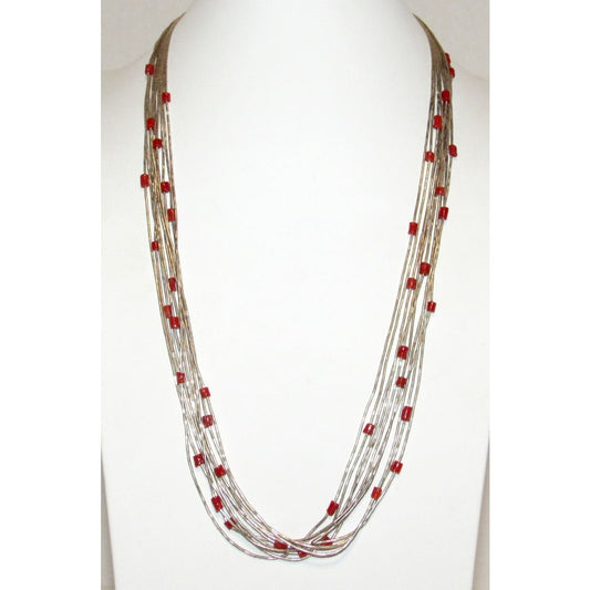 Vintage Navajo Liquid Silver Necklace with Red Coral Bead Accents 28"