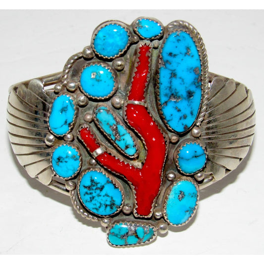 Spectacular Early Navajo Turquoise Coral Sterling Silver Cuff Bracelet