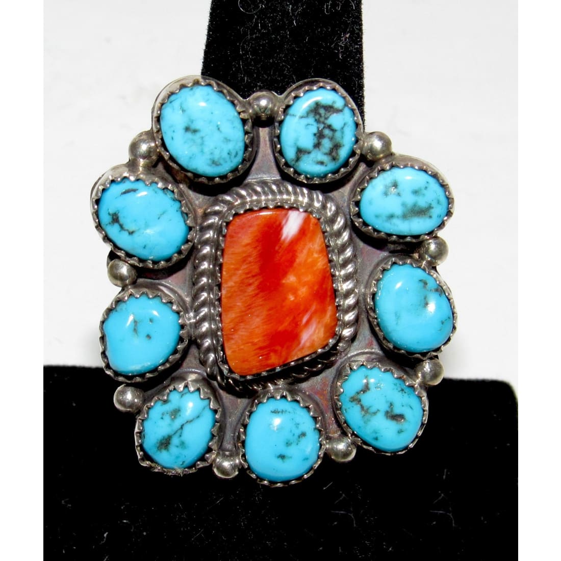 Navajo Cluster Ring Sz 7 Orange Spiny Oyster Kingman Turquoise Sterling Silver