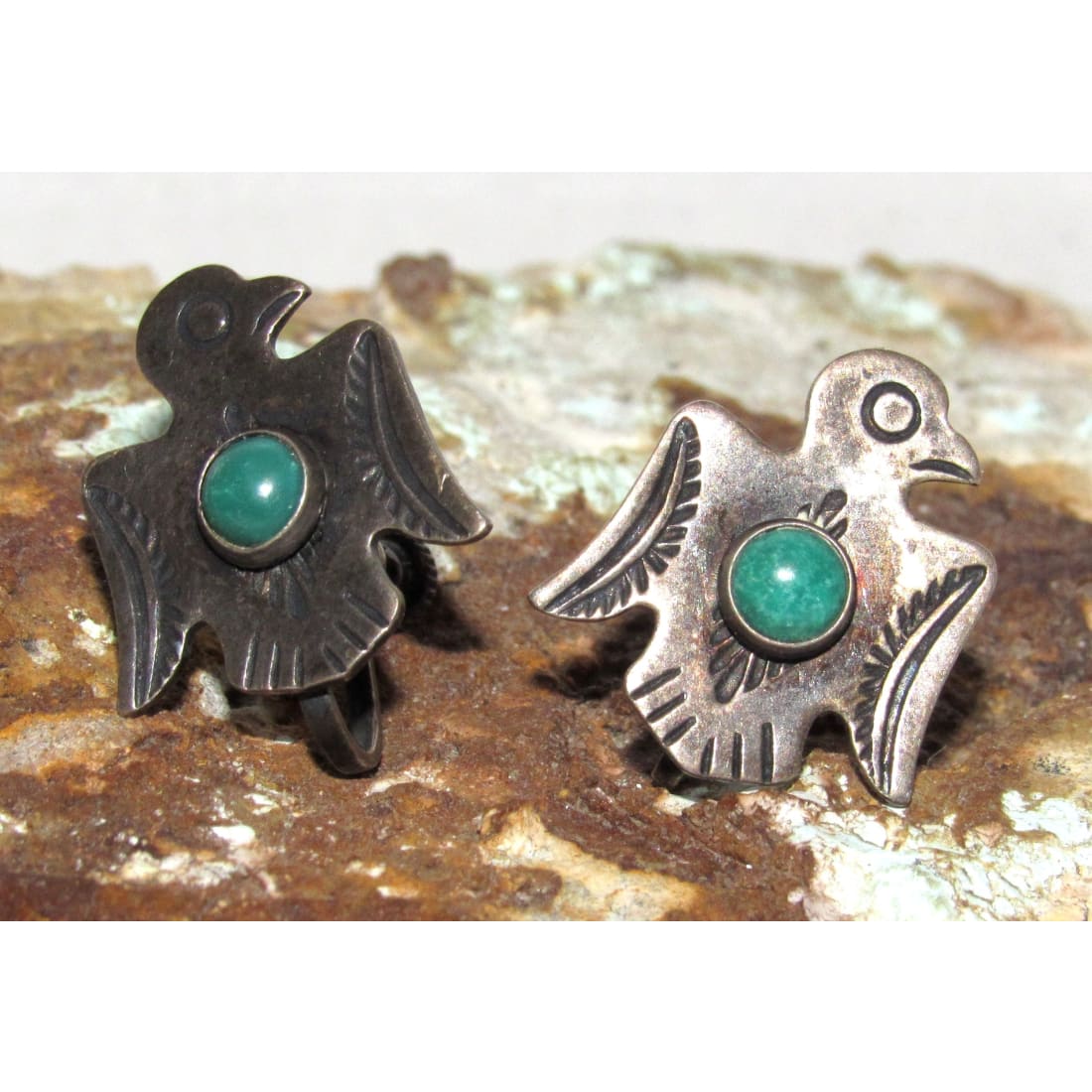 Old Pawn Navajo Thunderbird Scewback Earrings Sterling Silver Turquoise