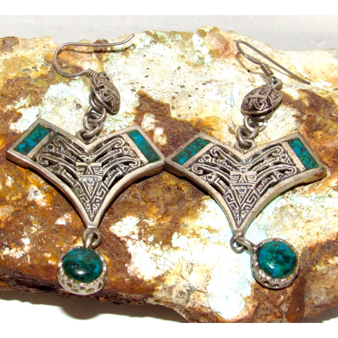 Vintage Taxco Mexico Pre-Colombian Design Sterling Silver Dangle Earrings