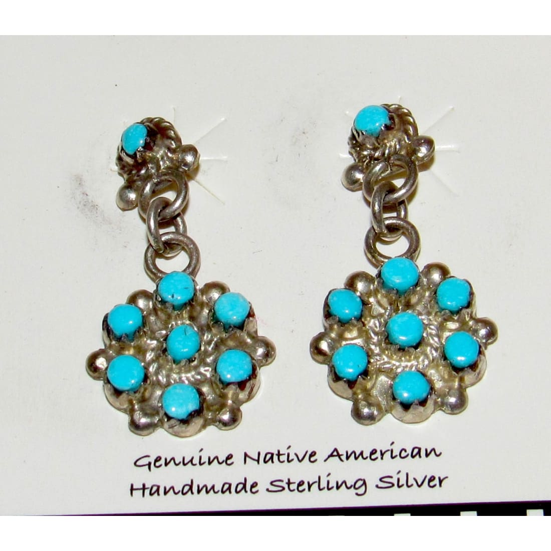 Zuni Snake Eye Turquoise Dangle Earrings Sterling Silver Native American Signed