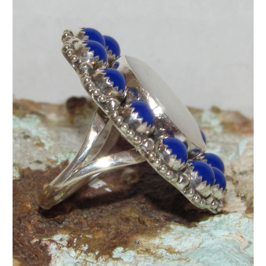 Navajo Mother of Pearl Ring Lapis Lazuli Cluster Ring Size 8.5 Sterling Silver