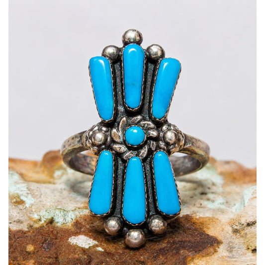 Zuni Turquoise Cluster Ring Sz 8 Sterling Silver Native American C. Hattie