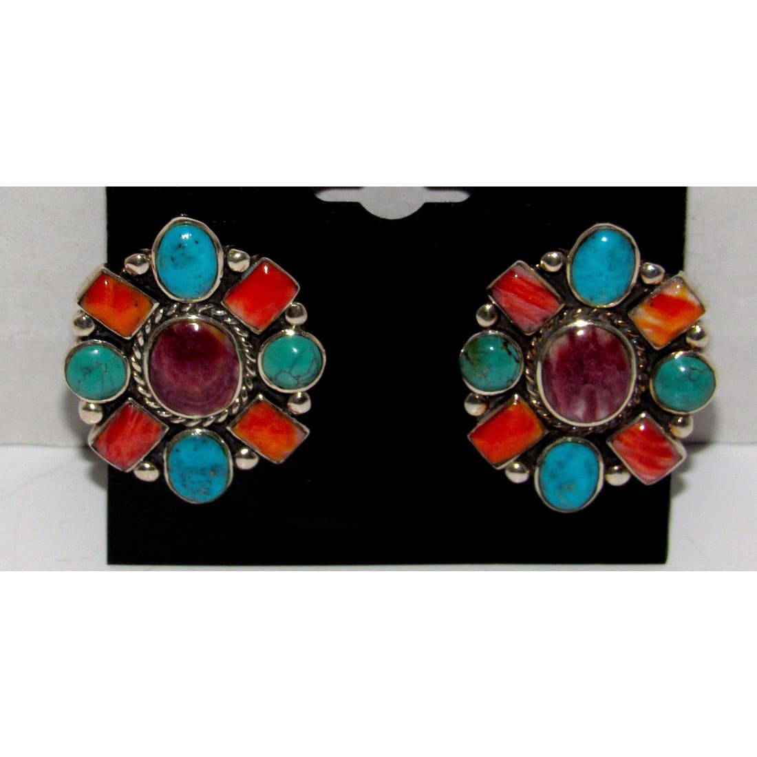 Vintage Navajo Turquoise Purple Orange Spiny Cluster Earrings Sterling Silver
