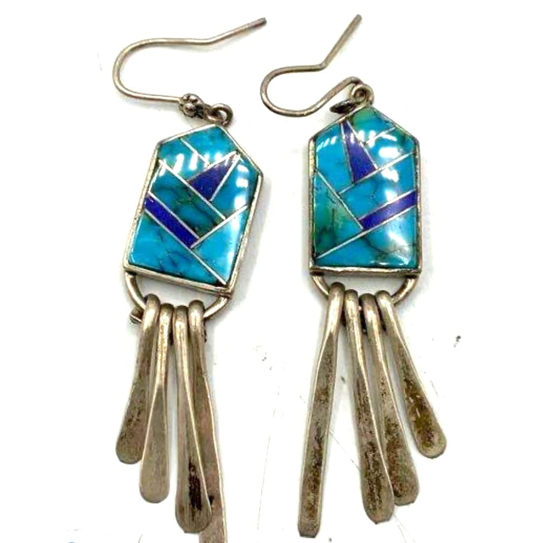 Navajo Turquoise Inlay Dangle Earrings Lapis Malachite Sterling Silver Vintage I. Kee
