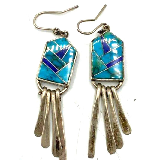 Navajo Turquoise Inlay Dangle Earrings Lapis Malachite Sterling Silver Vintage I. Kee